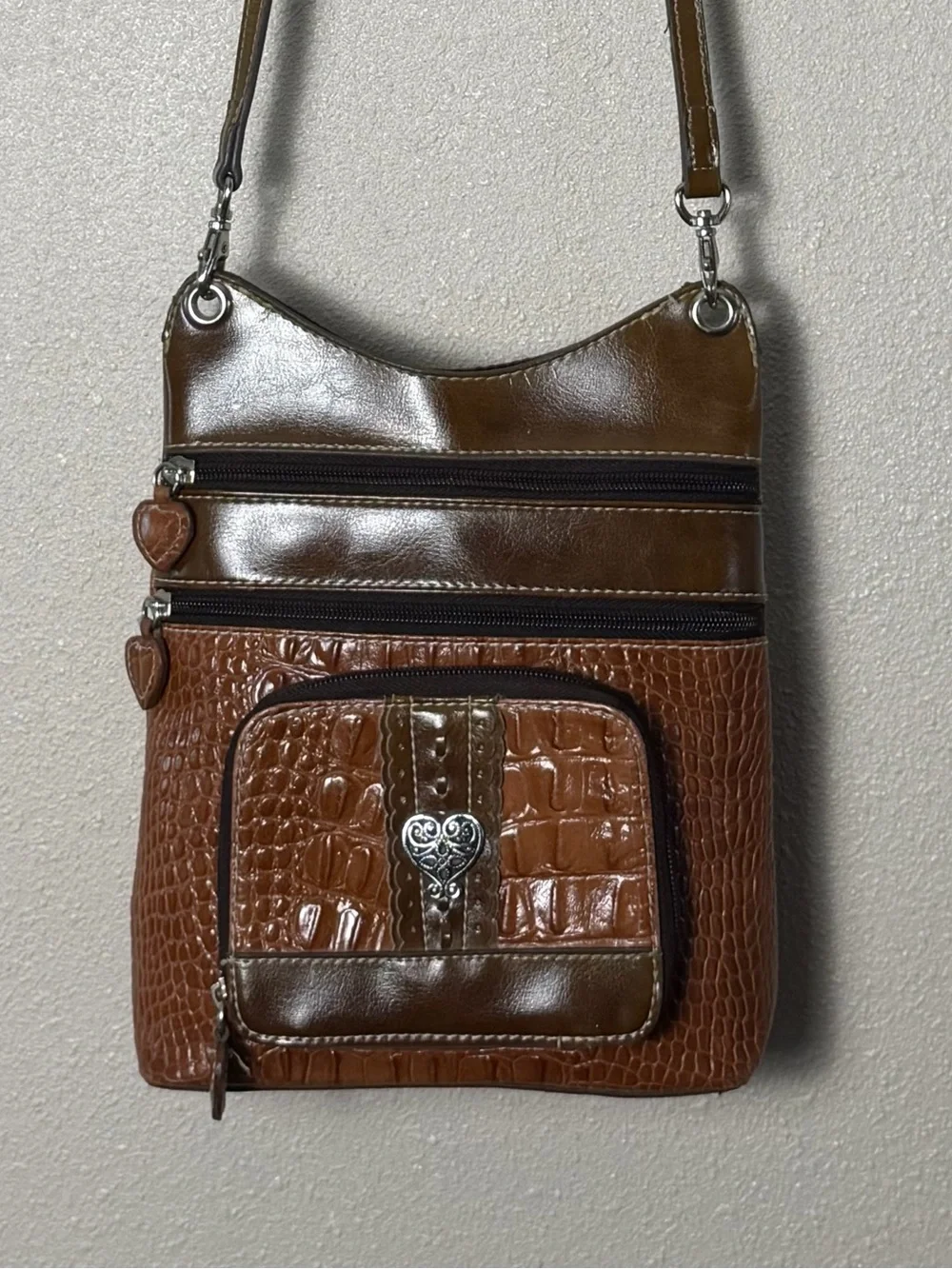Brighton Brown Croc-Embossed Messenger Bag with Heart Charm